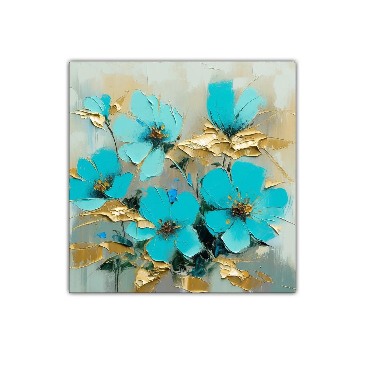 Cuadro floral con tonos turquesa y dorados brillantes