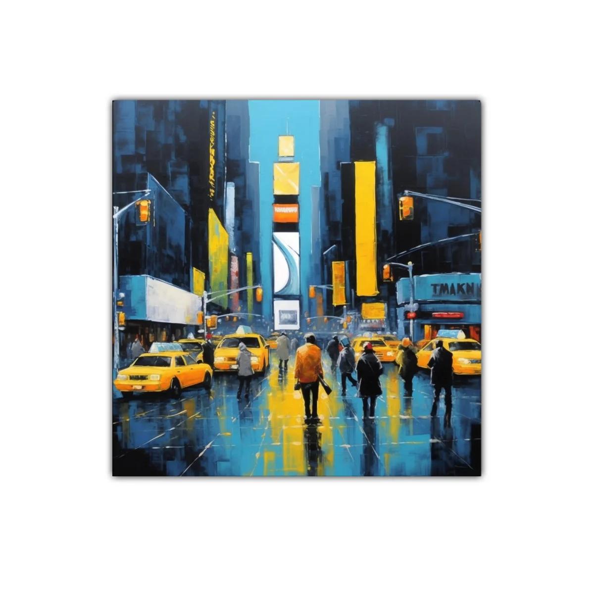 Cuadro urbano con taxis y peatones iluminados en la ciudad — imagen principal