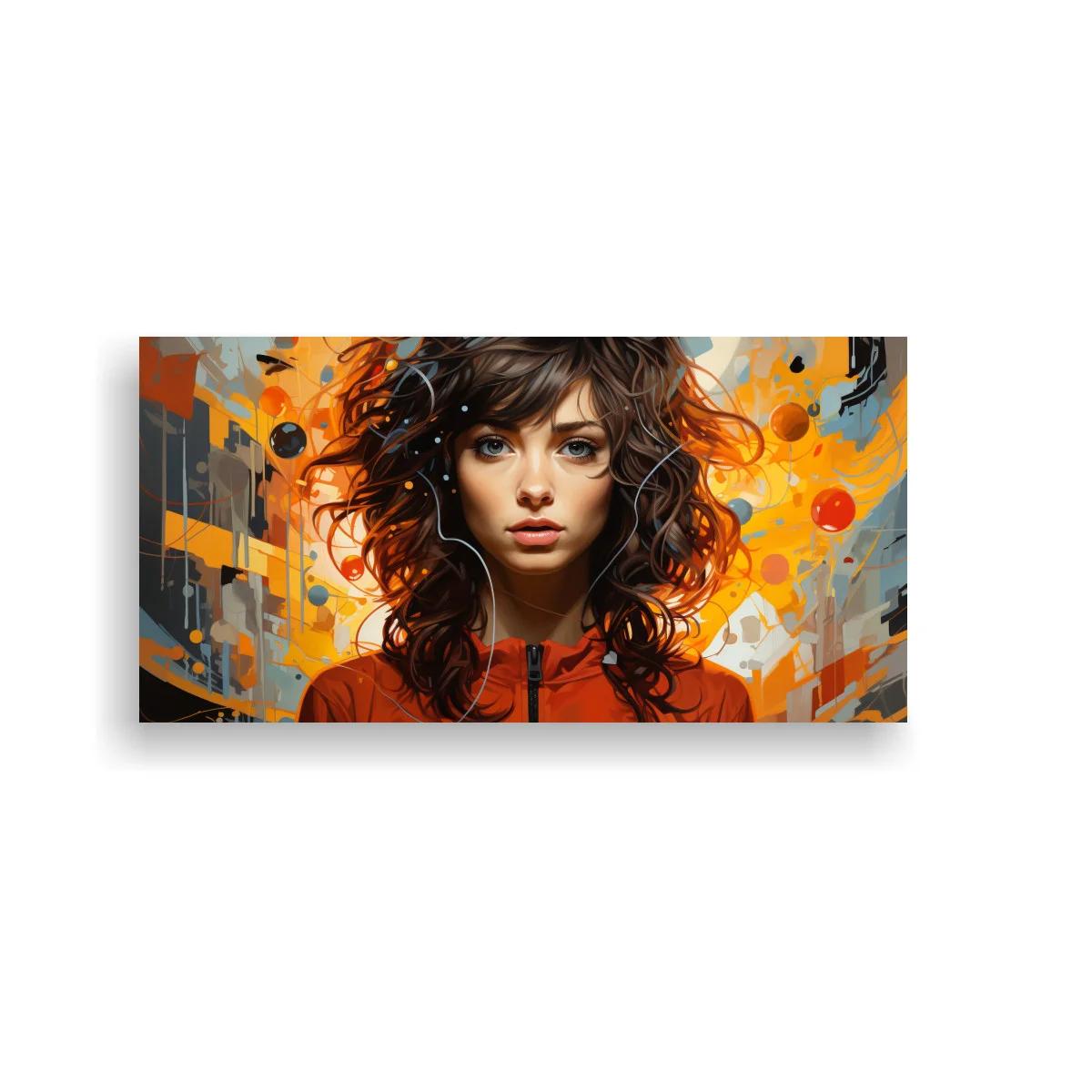 Cuadro retrato de mujer joven con chaqueta naranja