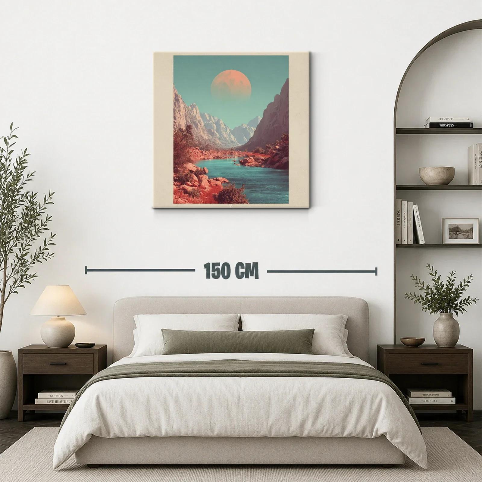 Paisaje montañoso con río y luna en tonos cálidos y fríos — miniatura 3