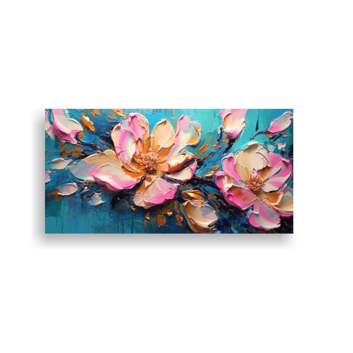 Cuadro magnolias rosas con fondo turquesa texturizado — imagen principal