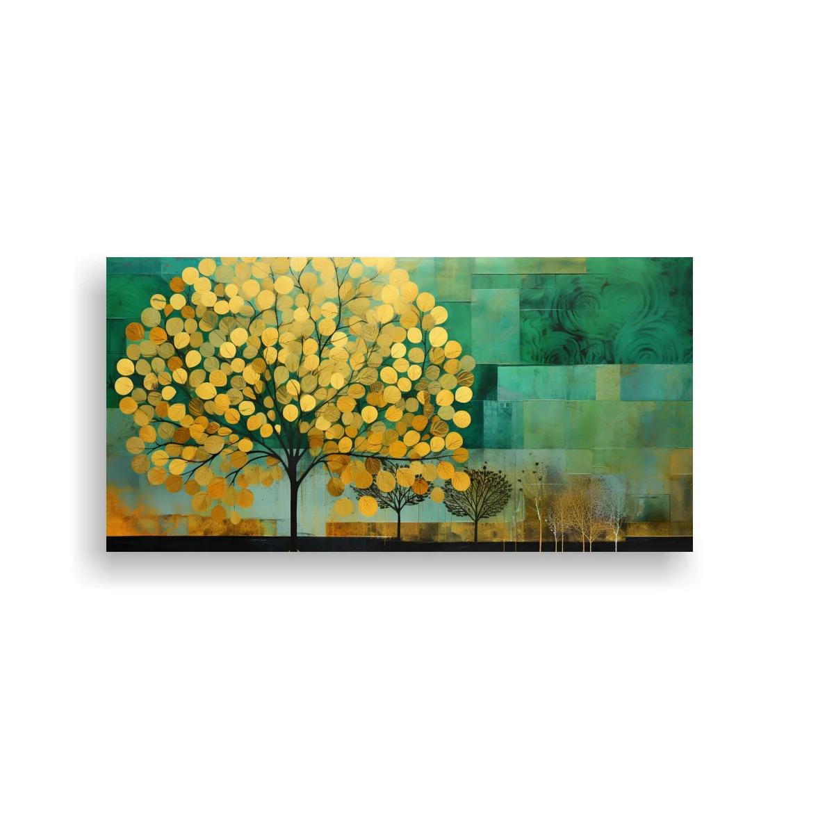 Cuadro árbol de hojas doradas con fondo geométrico verde turquesa — imagen principal