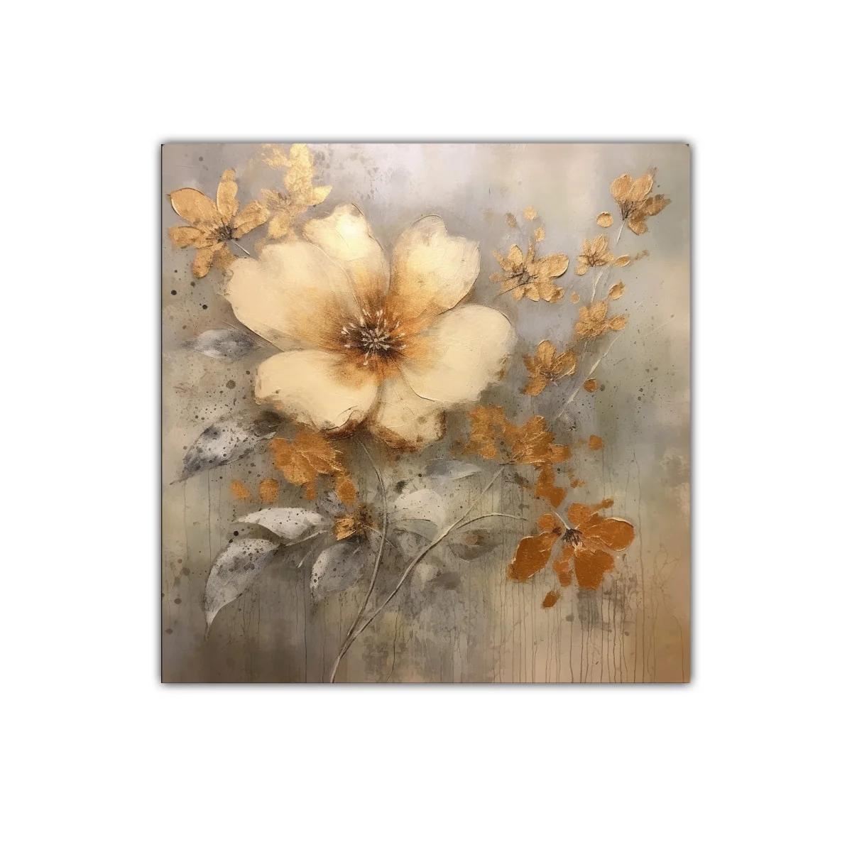 Cuadro decorativo flor dorada con hojas grises y tonos neutros — imagen principal