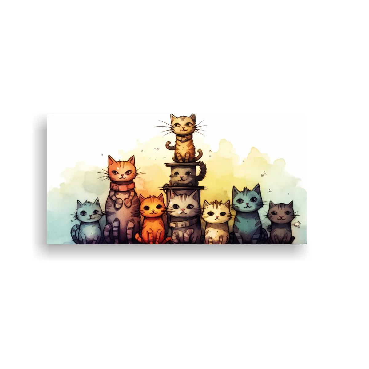 Cuadro grupo de gatos sobre una taza en acuarela