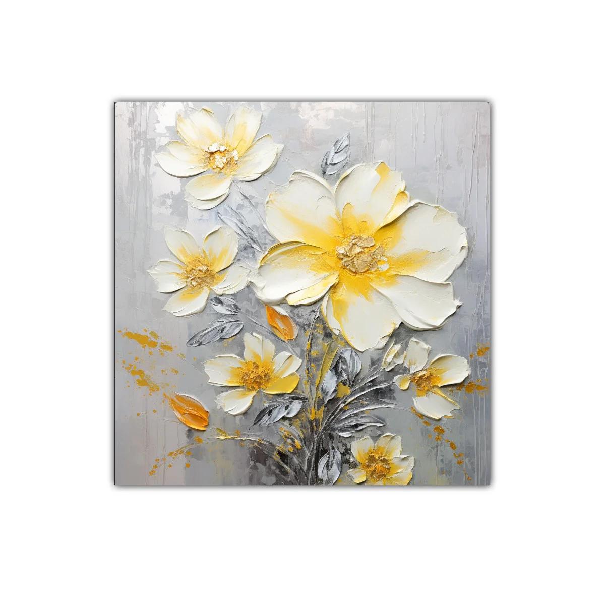 Cuadro floral con flores blancas y amarillas sobre fondo gris — imagen principal