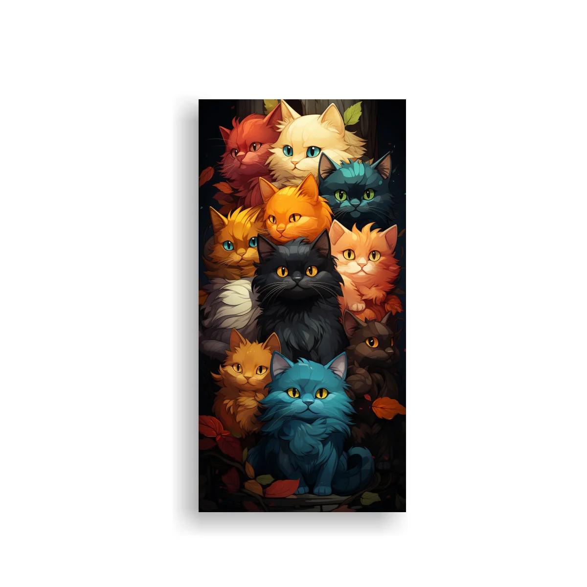 Cuadro grupo de gatos de colores con hojas y flores