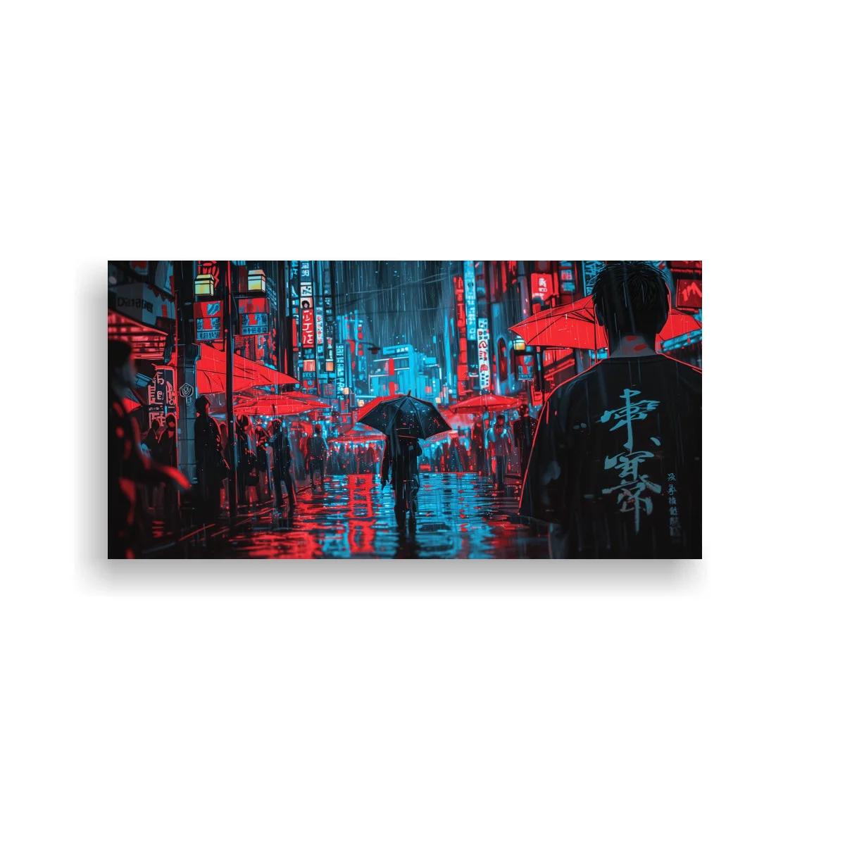 Cuadro calle urbana lluviosa de noche con neón rojo y turquesa