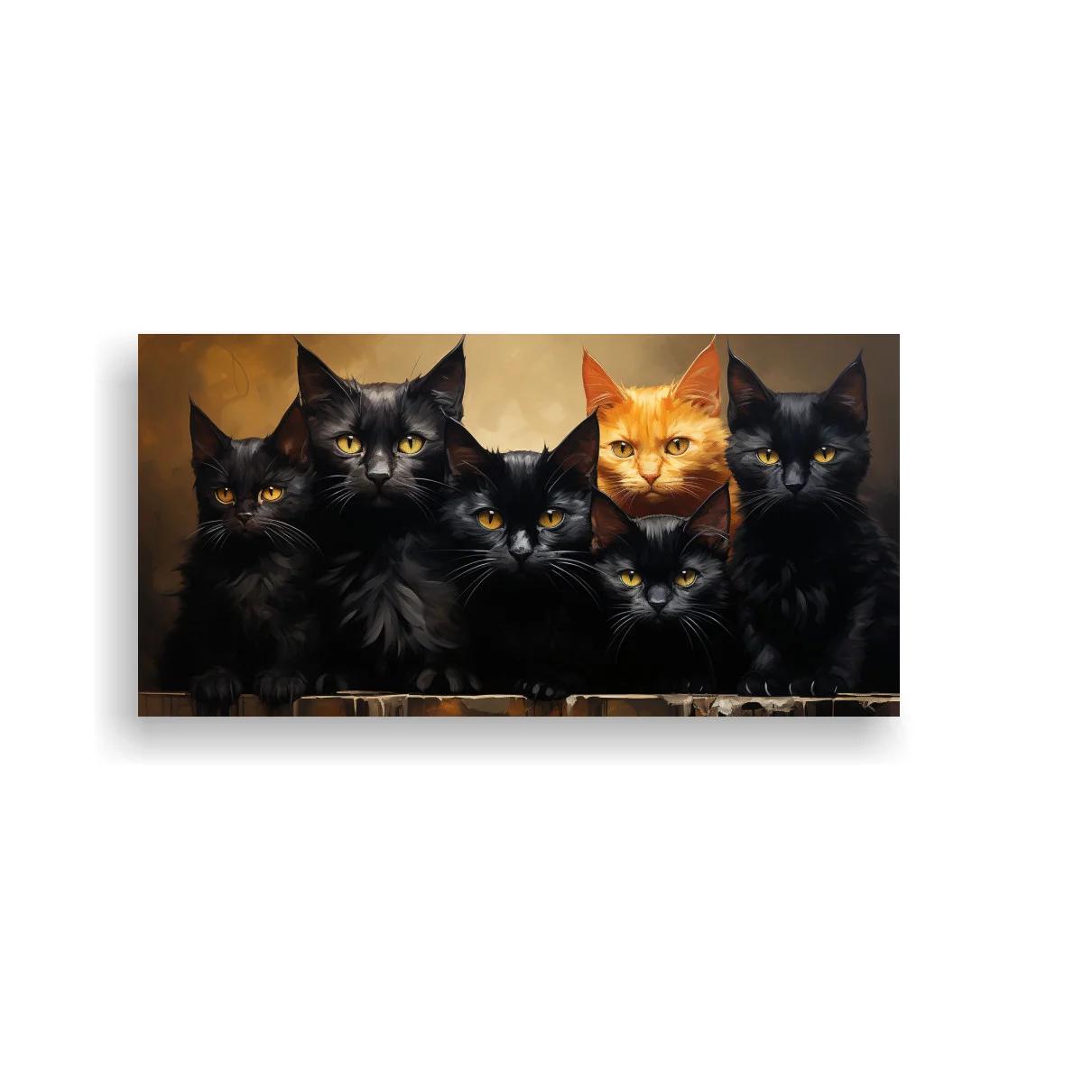 Cuadro grupo de gatos negros con un gato naranja