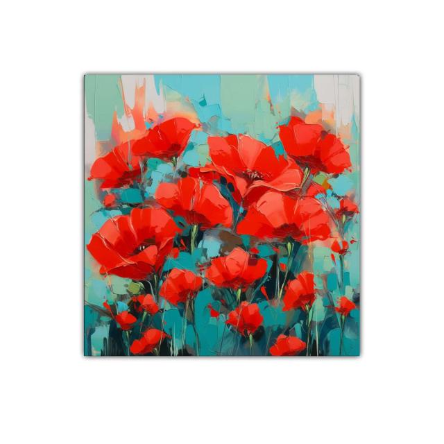 Cuadro decorativo con vibrantes amapolas rojas sobre fondo azul
