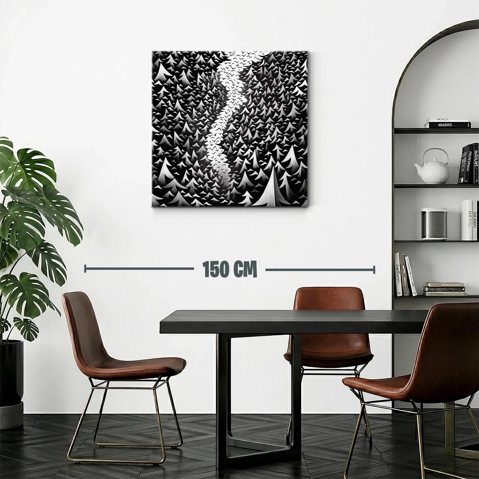Bosque en blanco y negro con cielo lleno de aves — miniatura 2