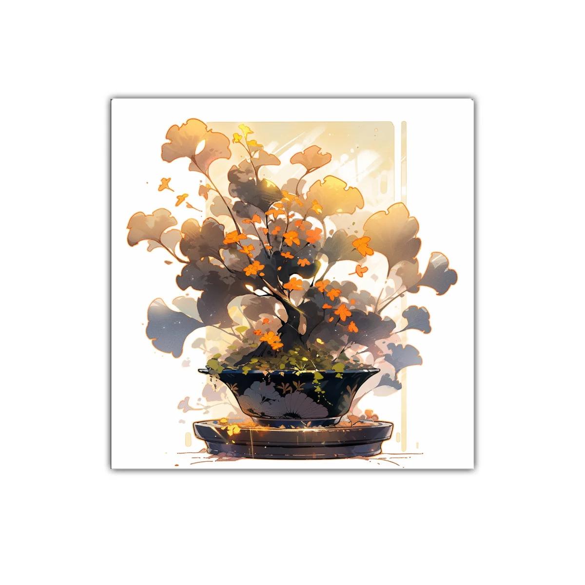 Cuadro decorativo con bonsái y flores naranjas vibrantes — imagen principal