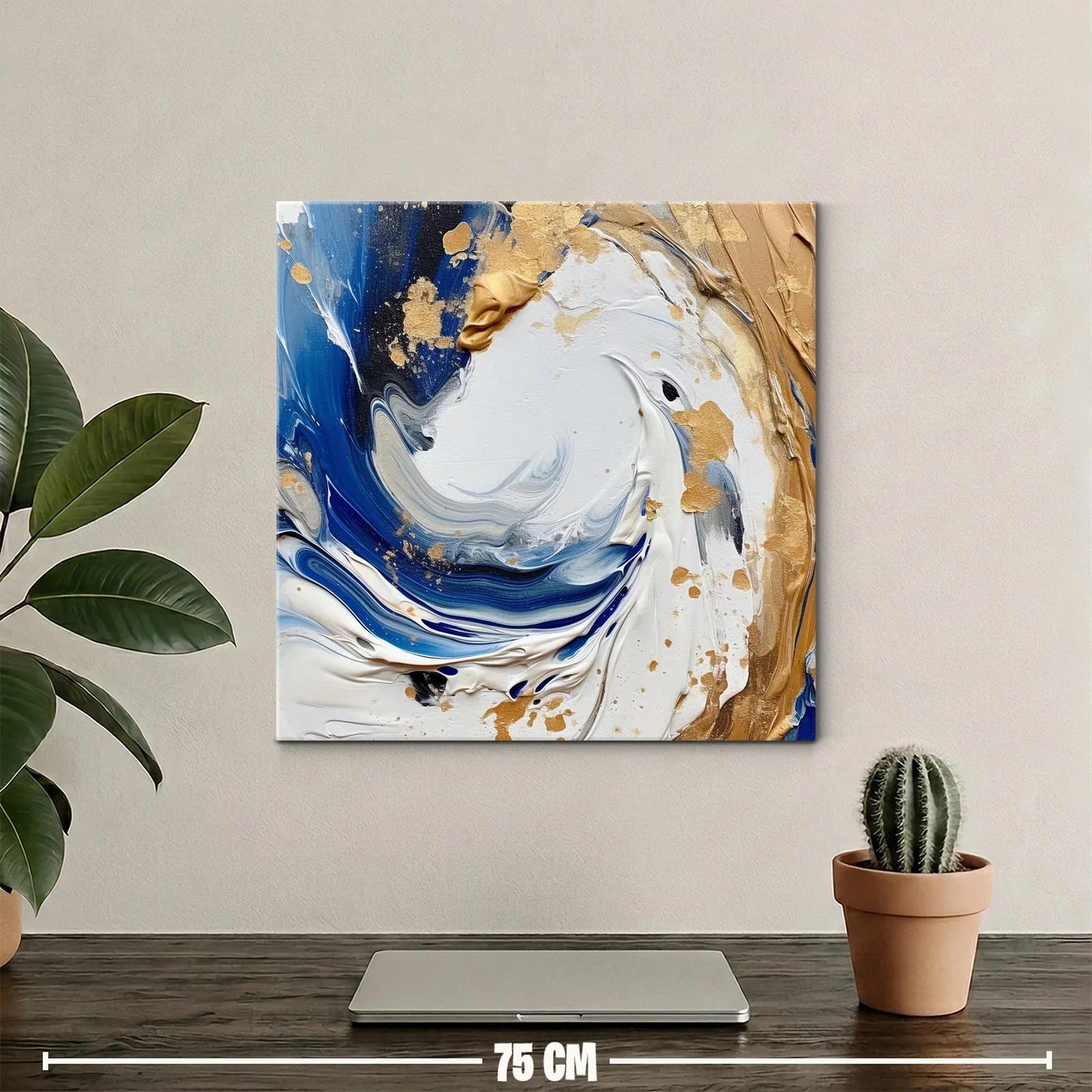 Cuadro abstracto en tonos azules y dorados con textura — miniatura 2