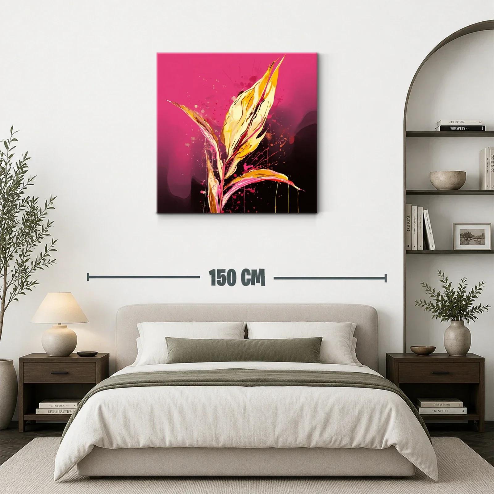 Cuadro abstracto con hojas vibrantes en tonos dorados y rosa — miniatura 3