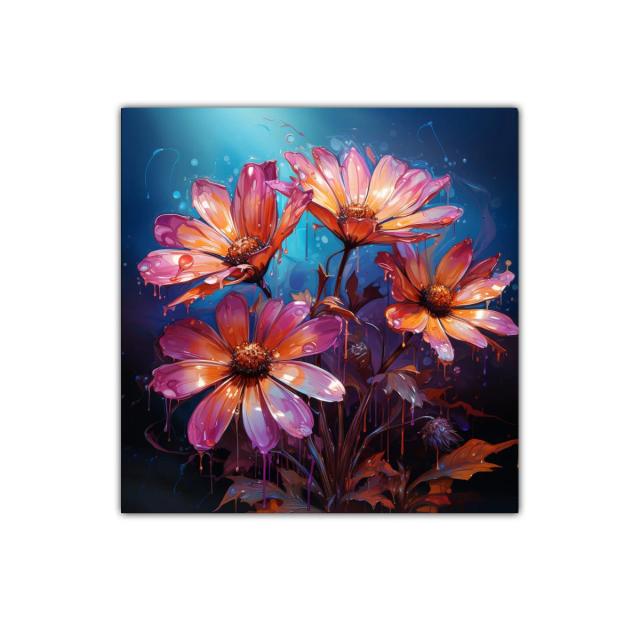 Cuadro floral vibrante con tonos cálidos y fondo azul oscuro