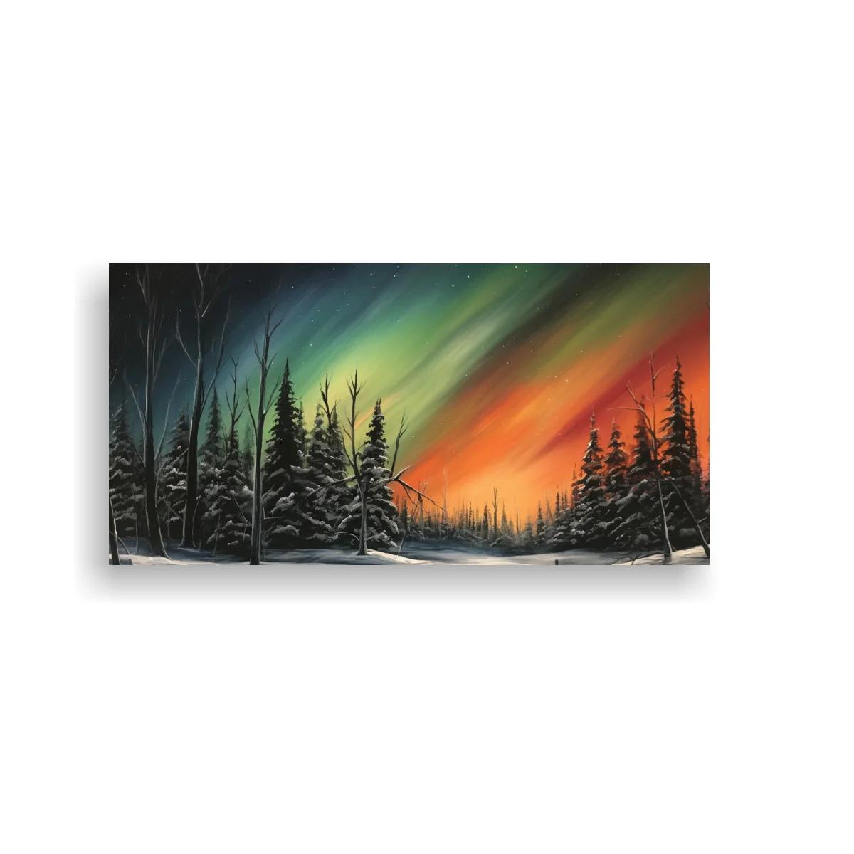 Cuadro aurora boreal sobre bosque nevado con abetos