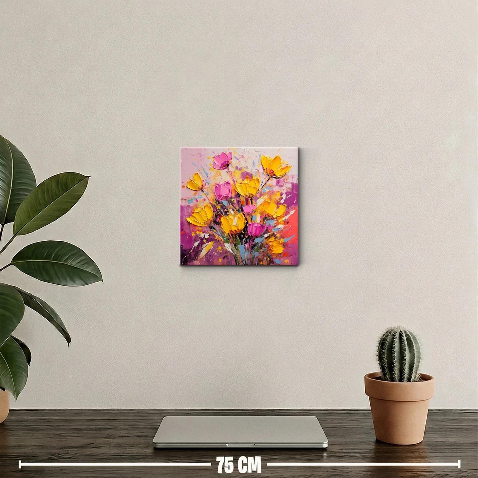 Cuadro floral vibrante con tonos amarillos y rosas intensos — miniatura 2