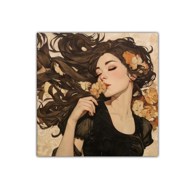 Retrato femenino con flores y melena al viento