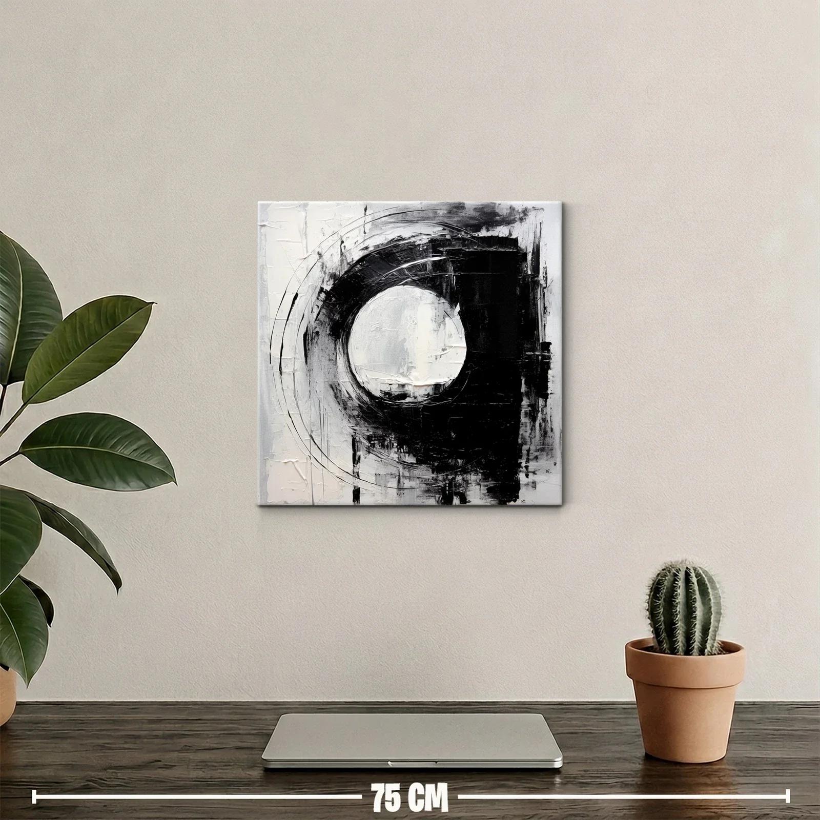 Cuadro abstracto con formas circulares en tonos blanco y negro — miniatura 2