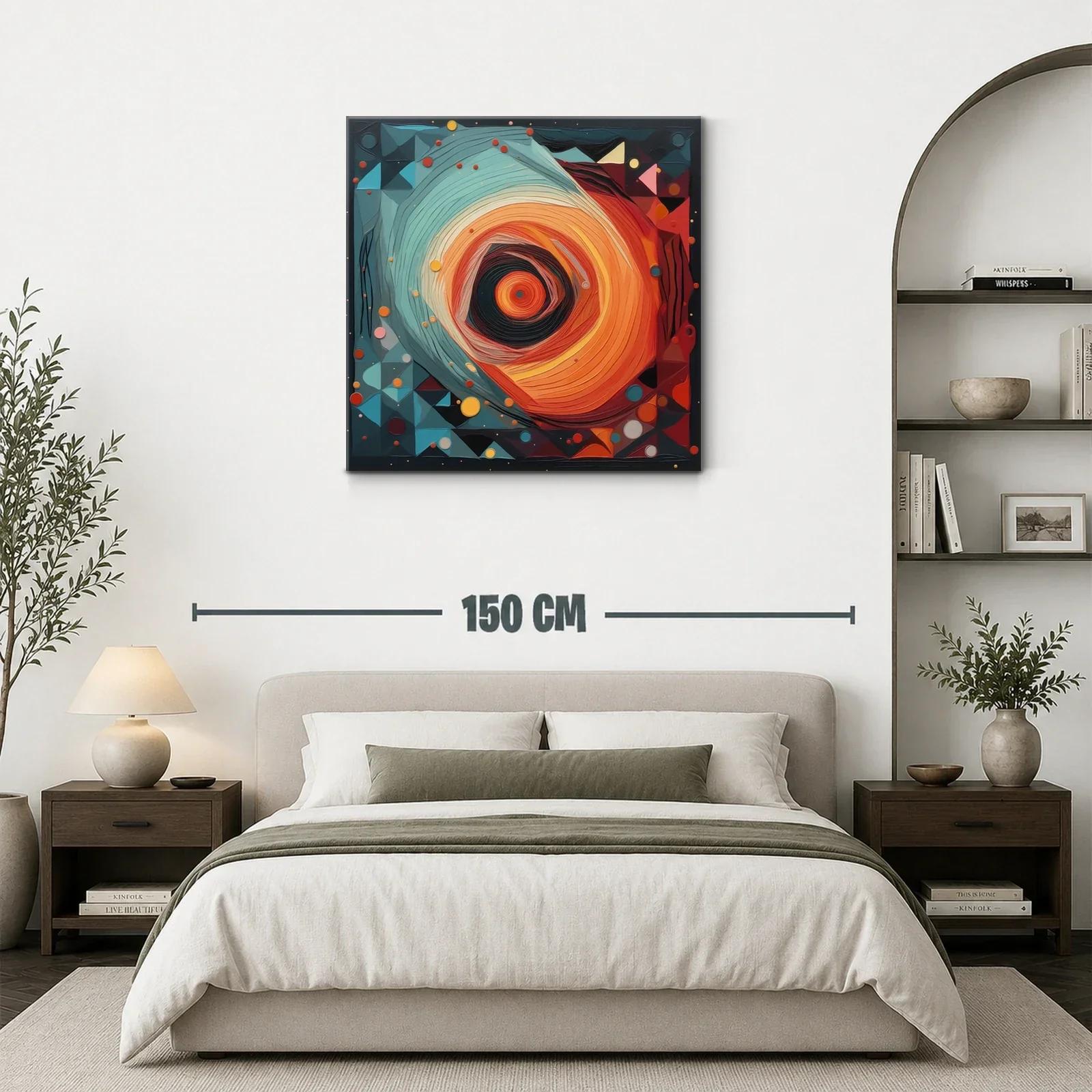 Cuadro abstracto con movimiento circular en tonos cálidos y fríos — miniatura 3