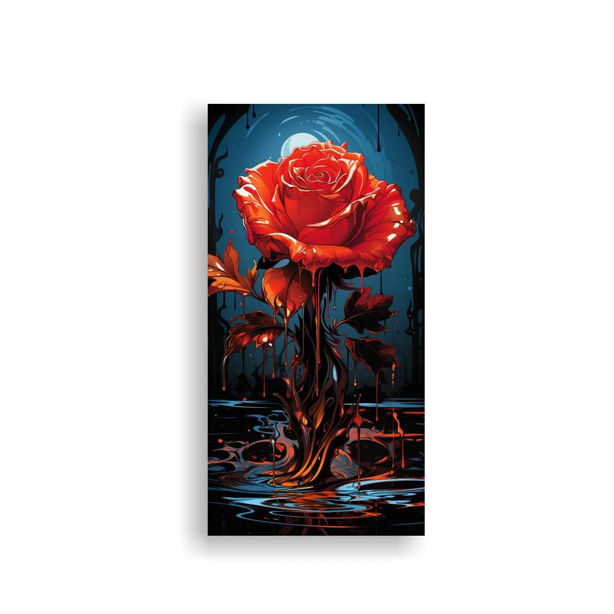 Cuadro rosa roja con goteos y fondo azul profundo