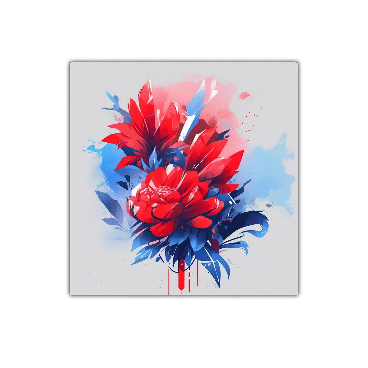 Cuadro decorativo con vibrante composición floral en rojo y azul