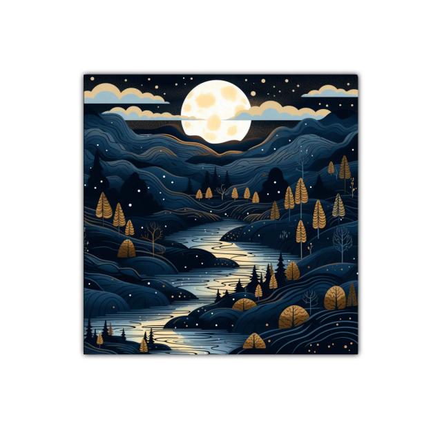 Paisaje nocturno con río y luna llena iluminando el valle