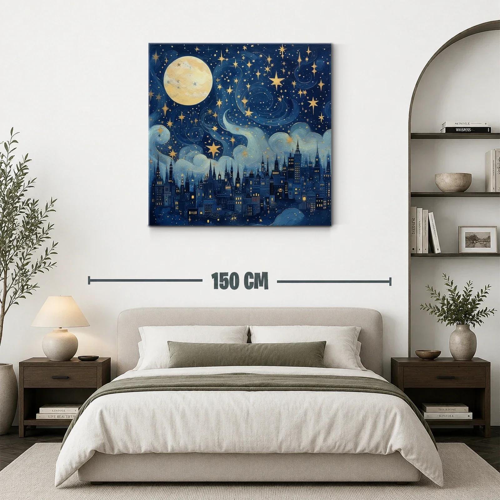 Ciudad nocturna bajo un cielo estrellado con luna llena — miniatura 3