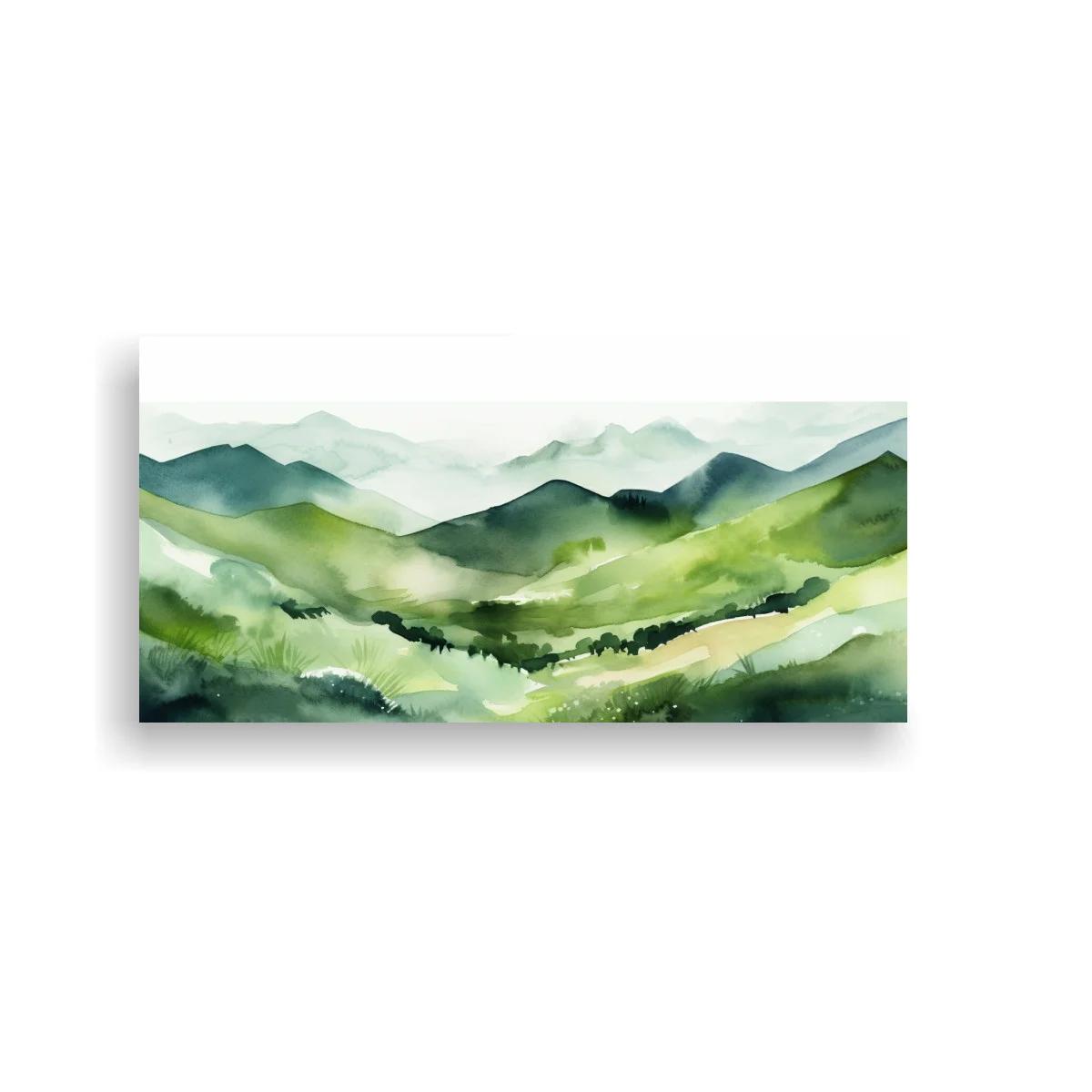 Cuadro paisaje de montañas verdes con capas brumosas