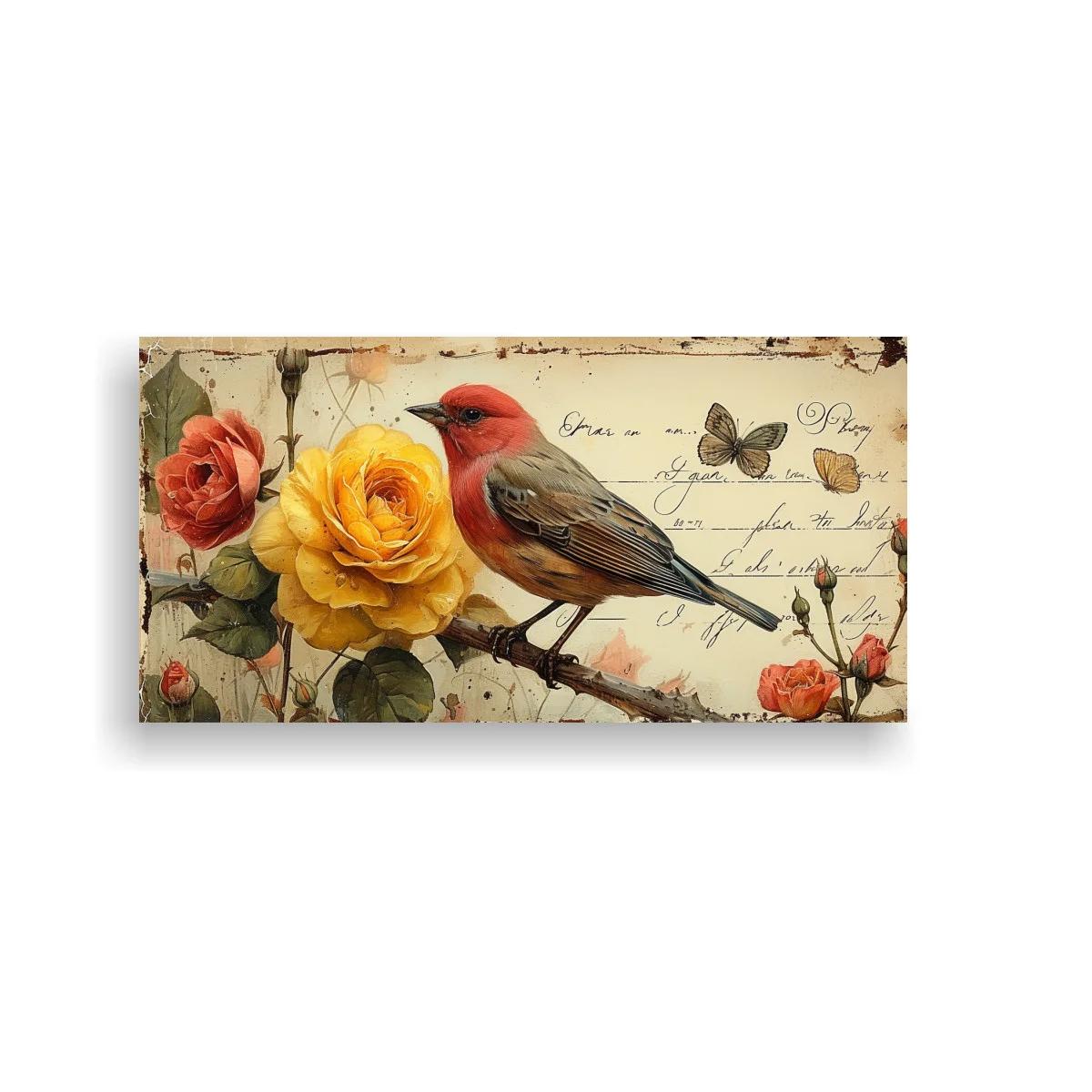 Cuadro pájaro rojo junto a rosa amarilla en collage vintage — imagen principal