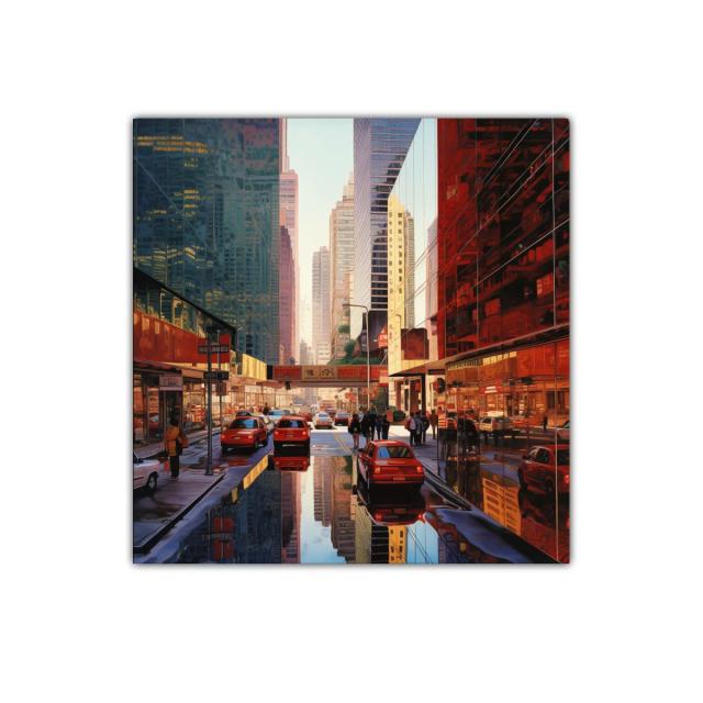 Calle urbana con reflejos de rascacielos y tráfico diario