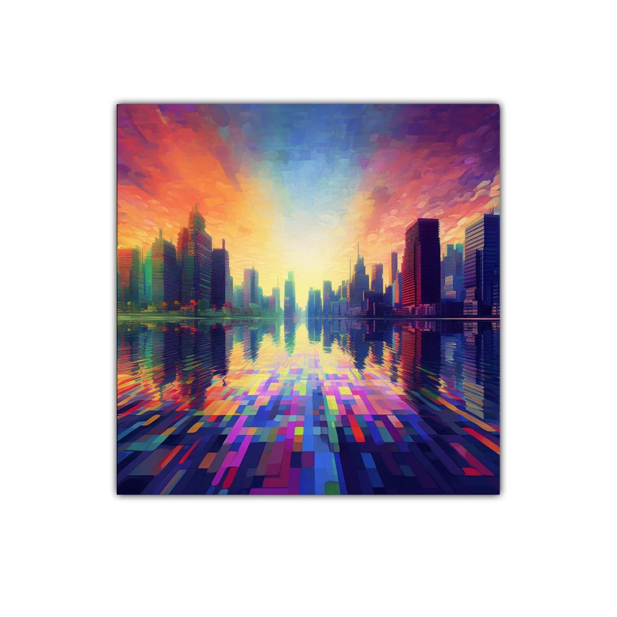 Atardecer vibrante en ciudad reflejada sobre agua