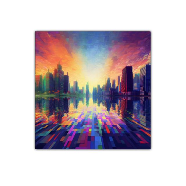 Atardecer vibrante en ciudad reflejada sobre agua