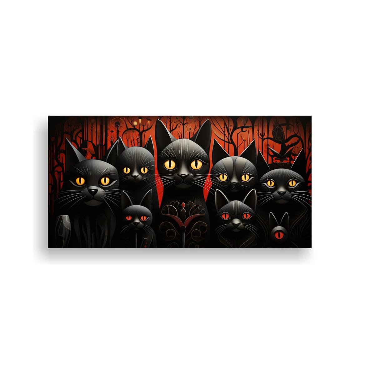 Cuadro grupo de gatos negros con ojos brillantes y fondo rojo