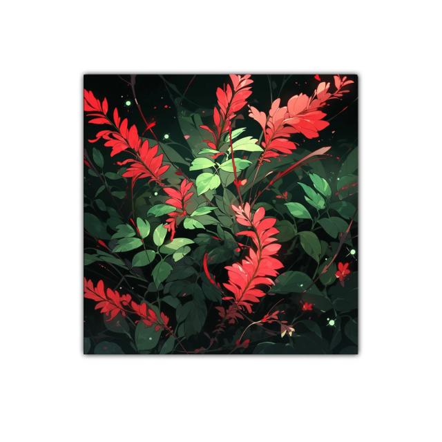 Exuberante composición floral con hojas rojas y verdes vibrantes