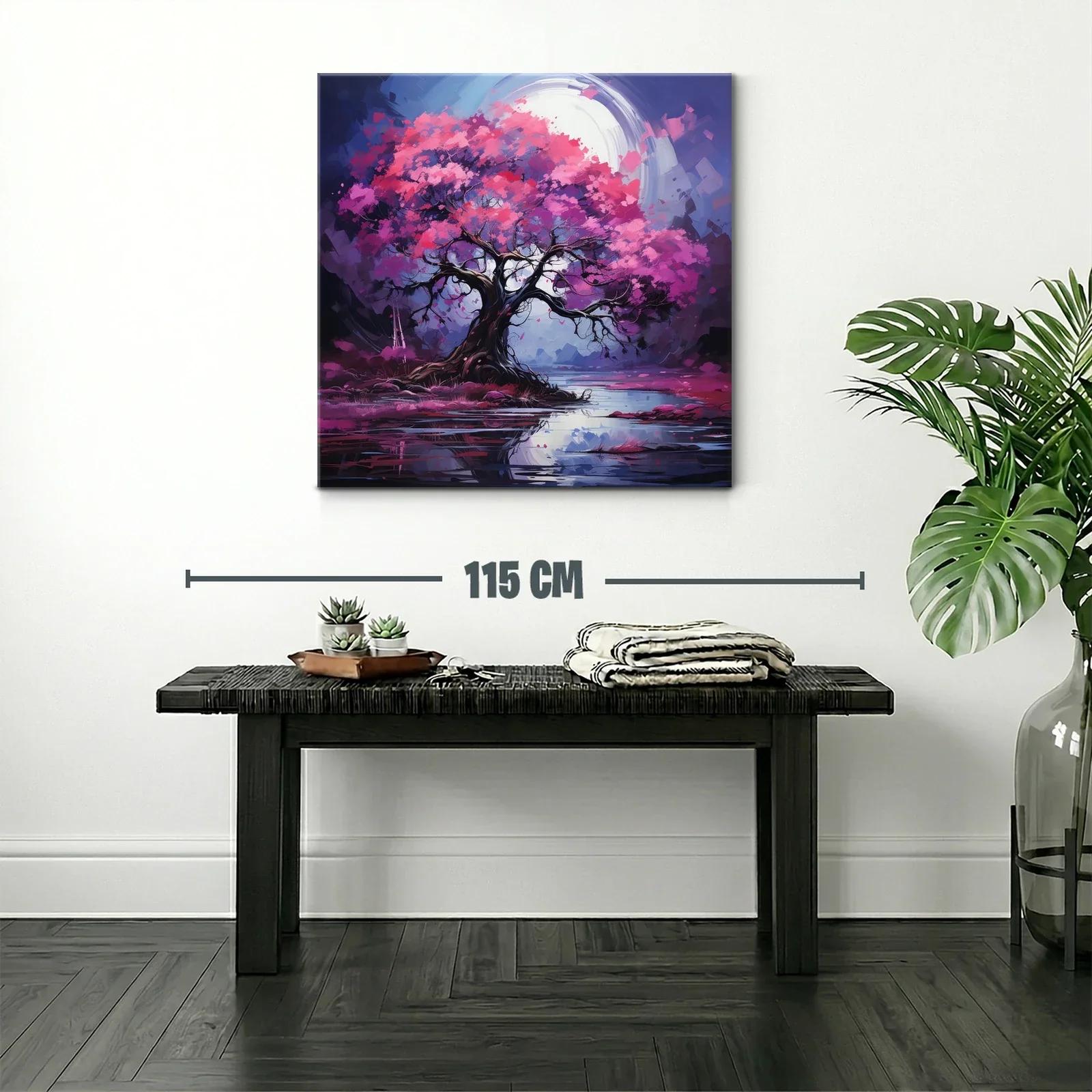 Árbol en flor bajo luna brillante sobre lago sereno — miniatura 2