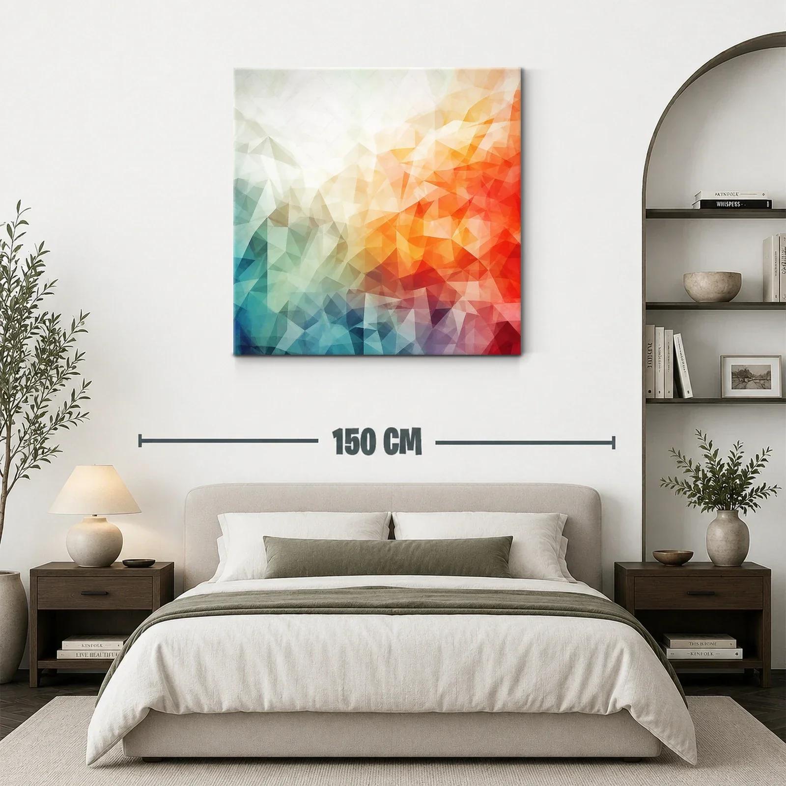 Cuadro abstracto con tonos cálidos y fríos en triángulos — miniatura 3