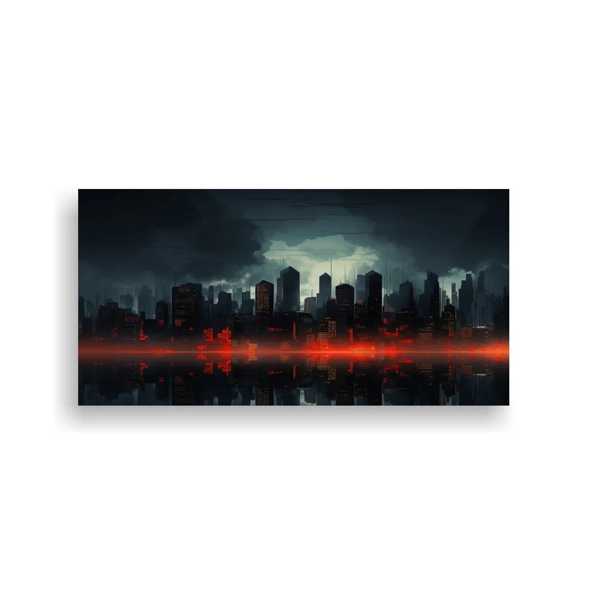 Cuadro skyline urbano con franja roja y reflejo oscuro