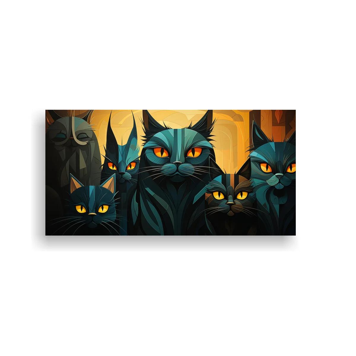 Cuadro grupo de gatos negros con máscaras talladas