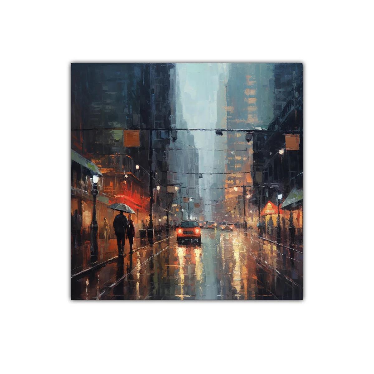 Paisaje urbano lluvioso con reflejos y luz cálida — imagen principal