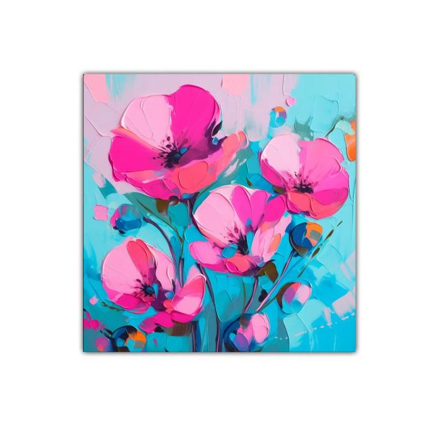 Cuadro floral con vibrantes tonalidades rosa y azul turquesa