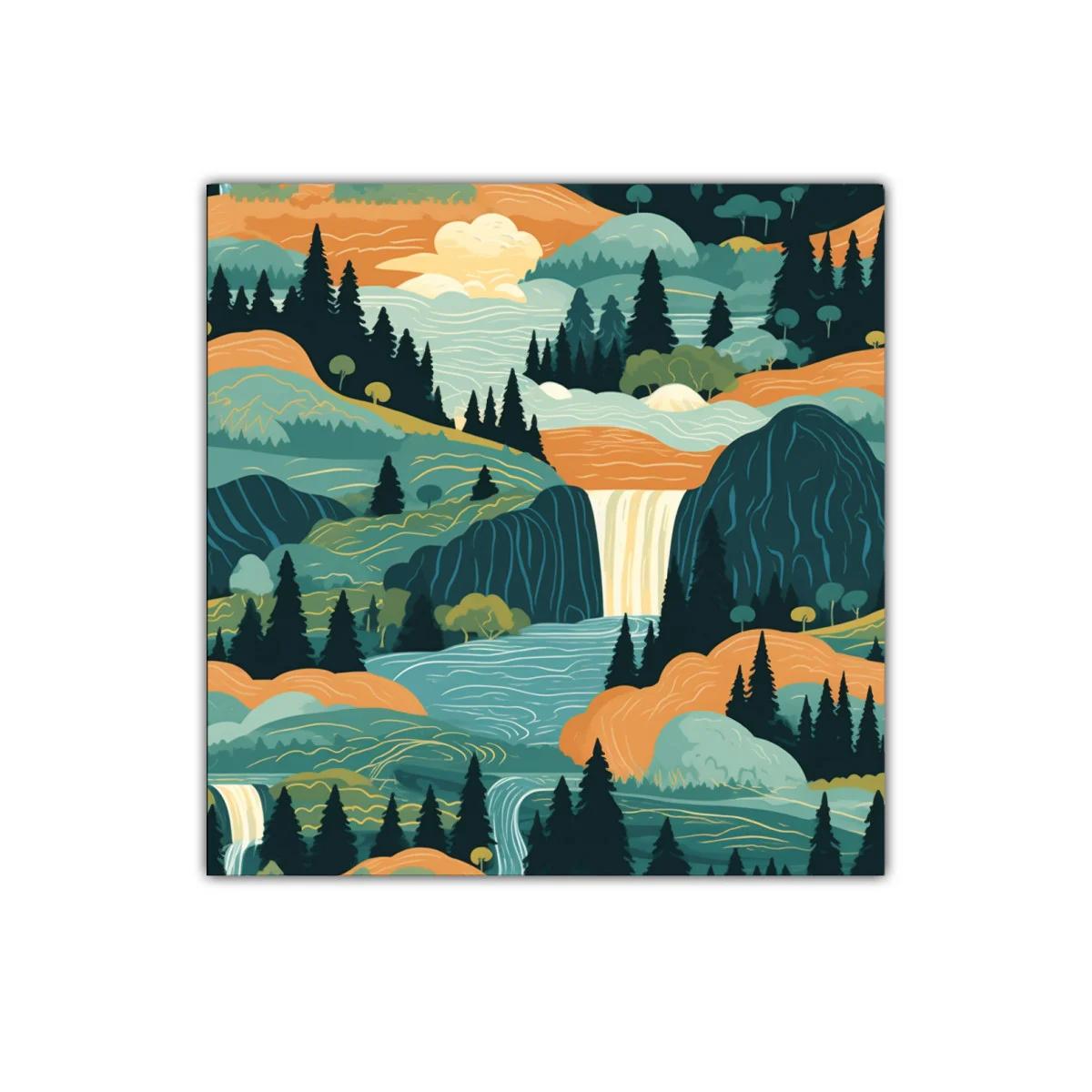 Paisaje sereno con cascadas y montañas en tonos cálidos — imagen principal