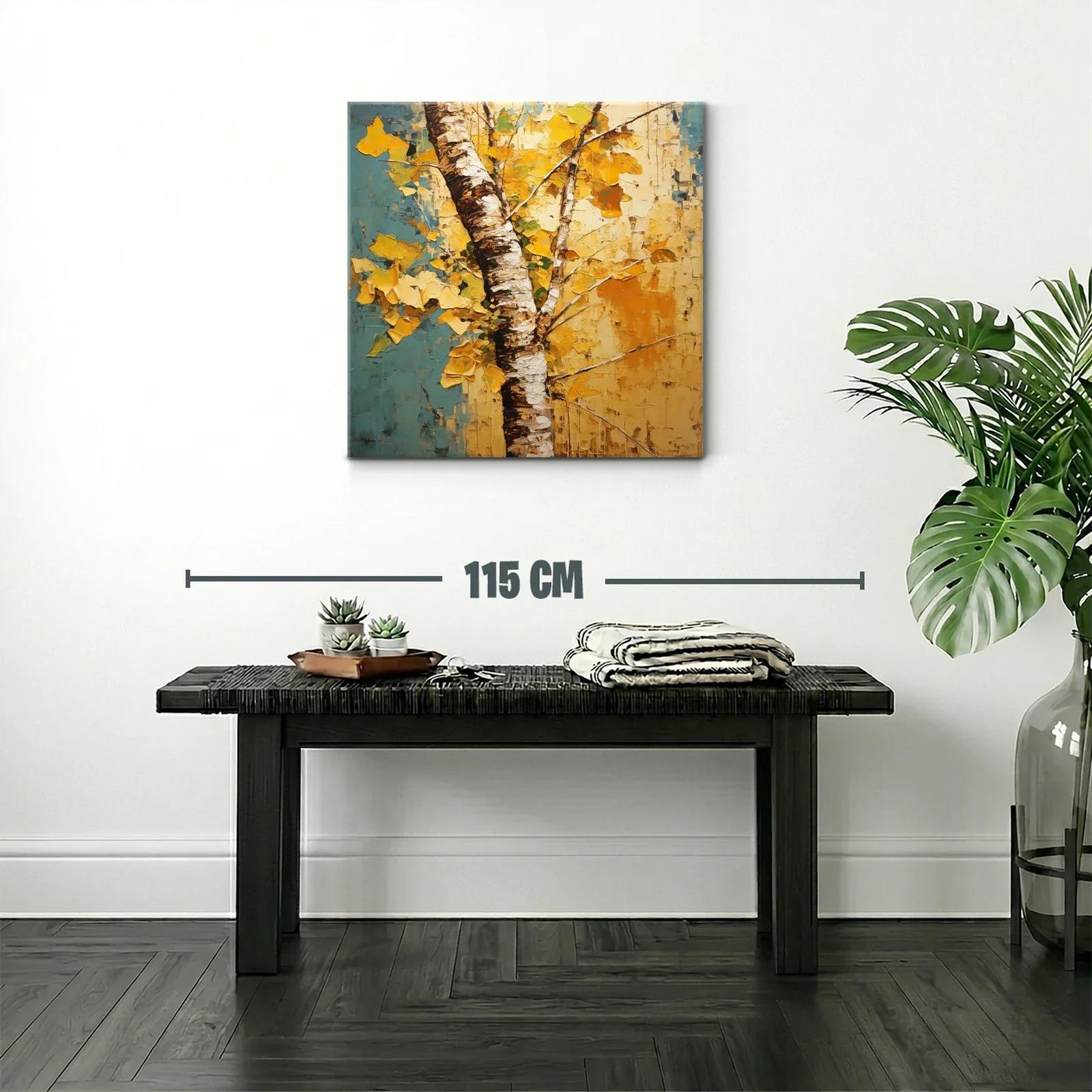 Árbol otoñal con hojas doradas y fondo azul y amarillo — miniatura 2