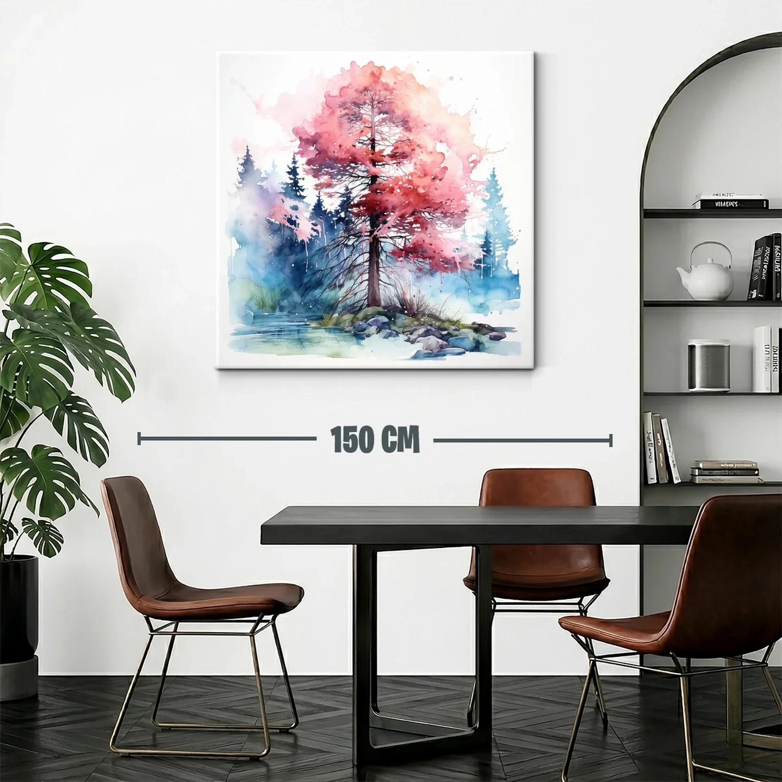 Árbol en otoño con hojas rosas y fondo de bosque azul — miniatura 2