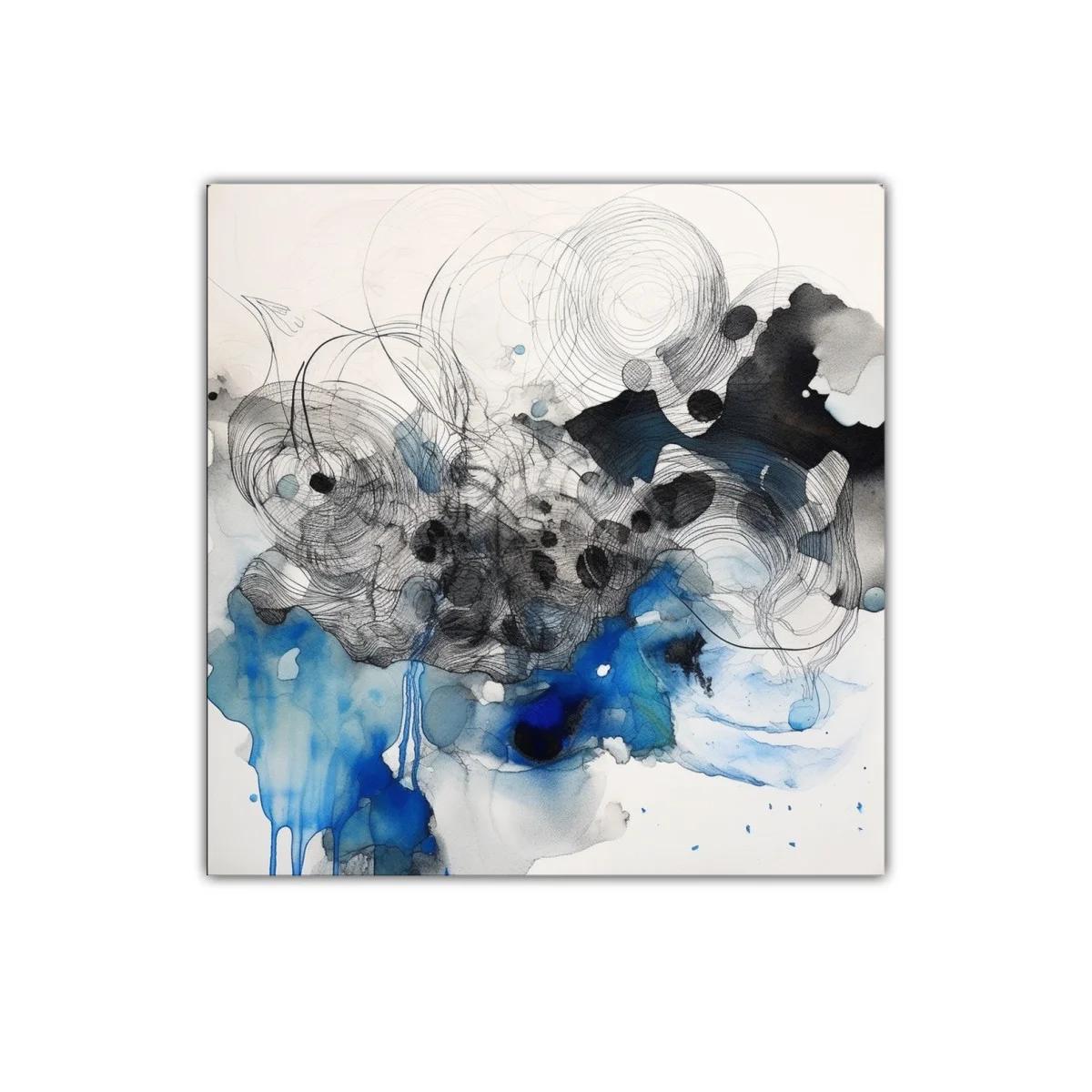 Cuadro abstracto con tonos azules y negros en movimiento fluido