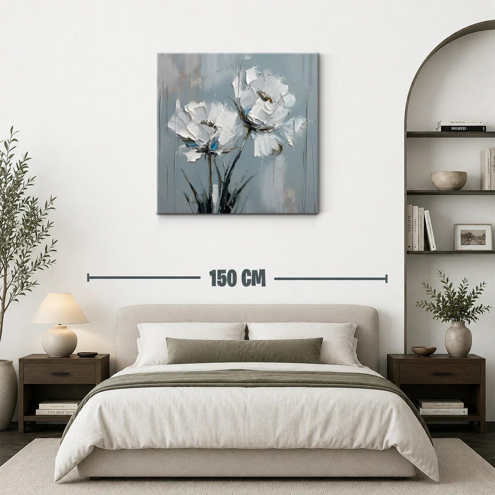 Cuadro moderno con flores blancas sobre fondo gris azulado — miniatura 3