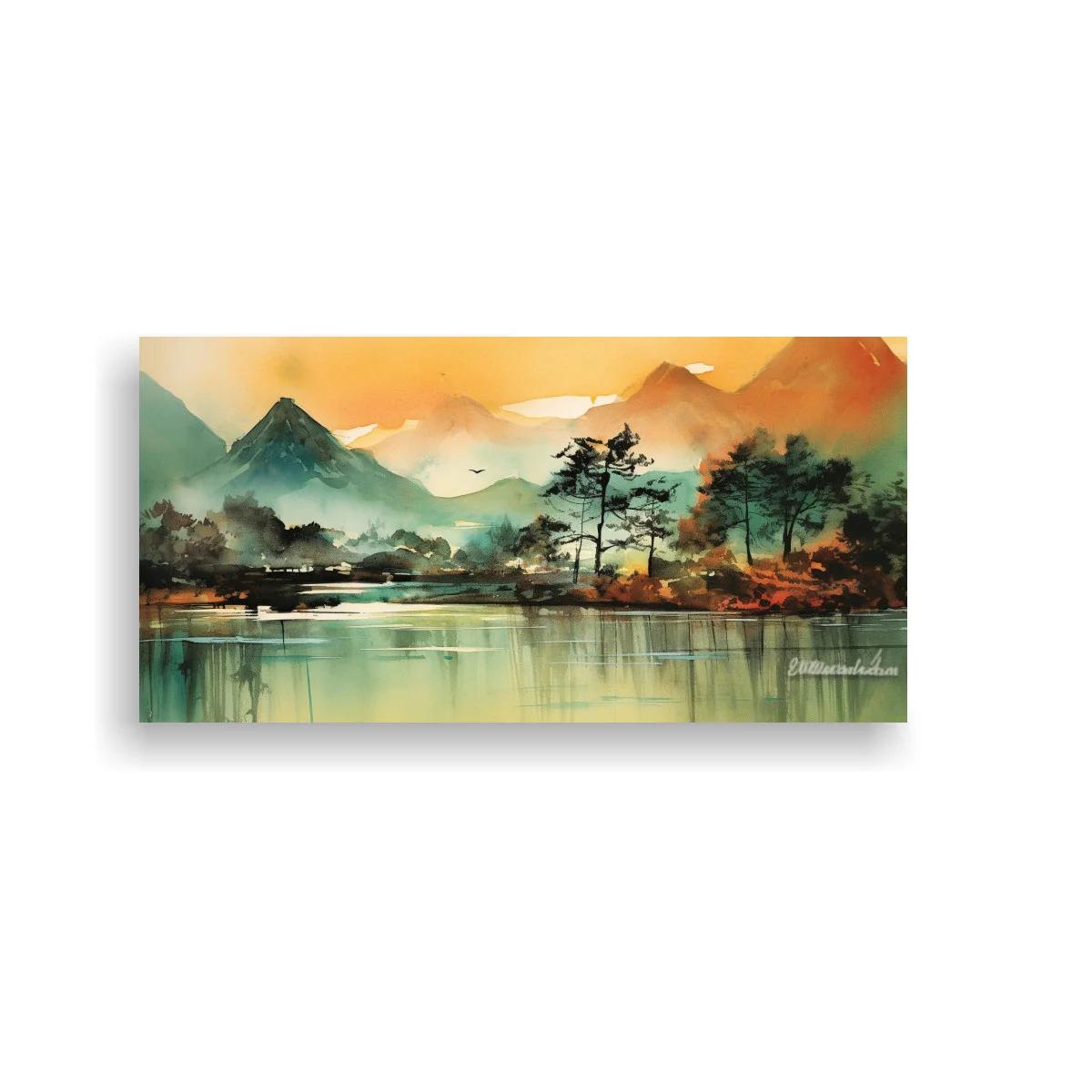 Cuadro paisaje de lago con montañas y aves en vuelo — imagen principal