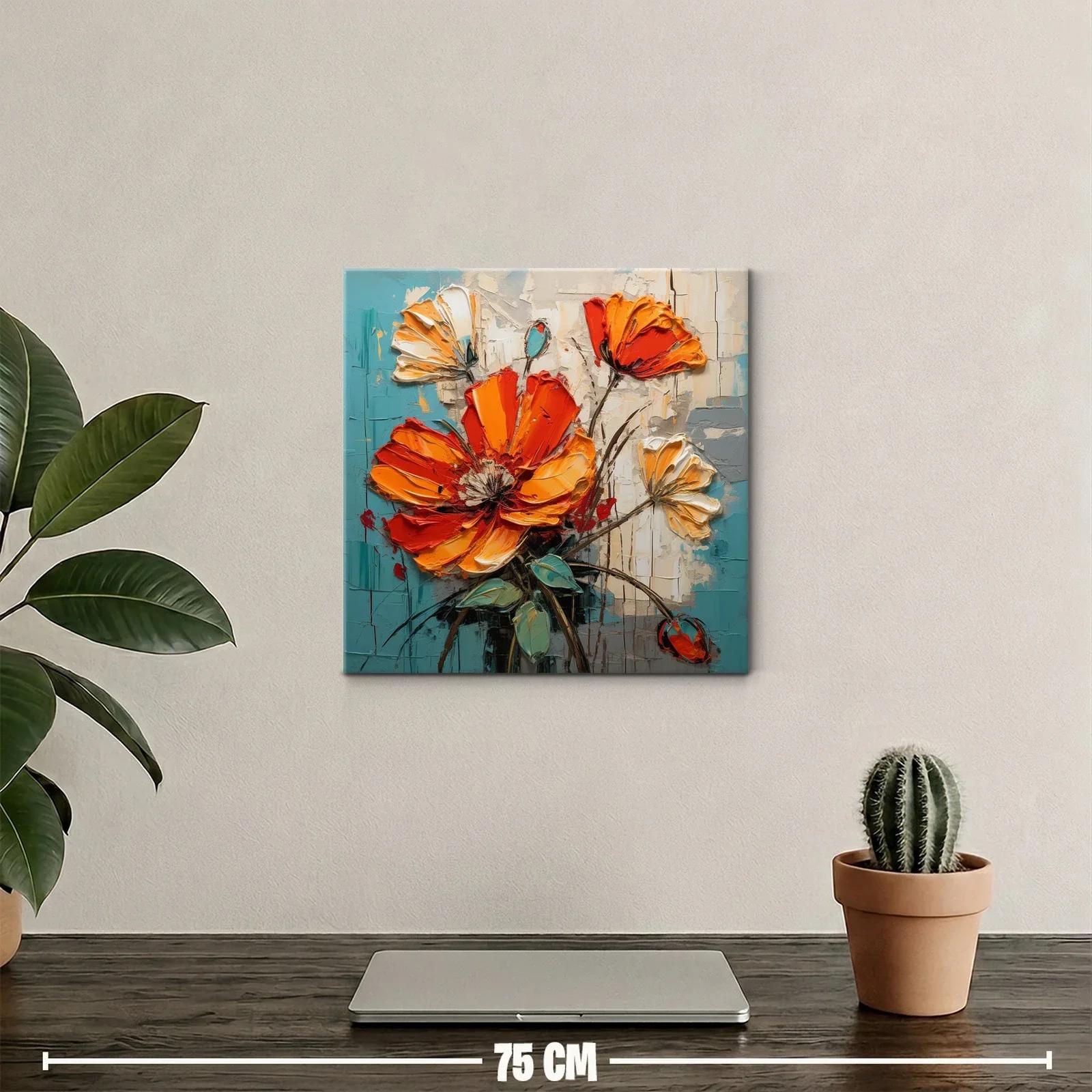 Cuadro floral con vibrantes tonos naranja y turquesa — miniatura 2