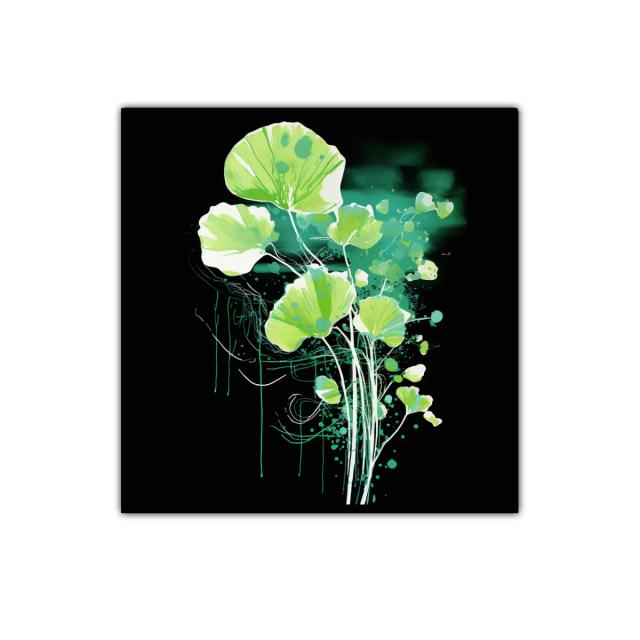 Cuadro decorativo con hojas verdes sobre fondo oscuro