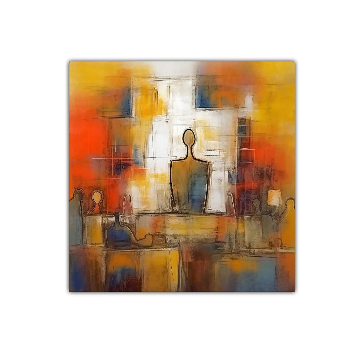 Cuadro abstracto con figuras humanas y tonos cálidos vibrantes — imagen principal