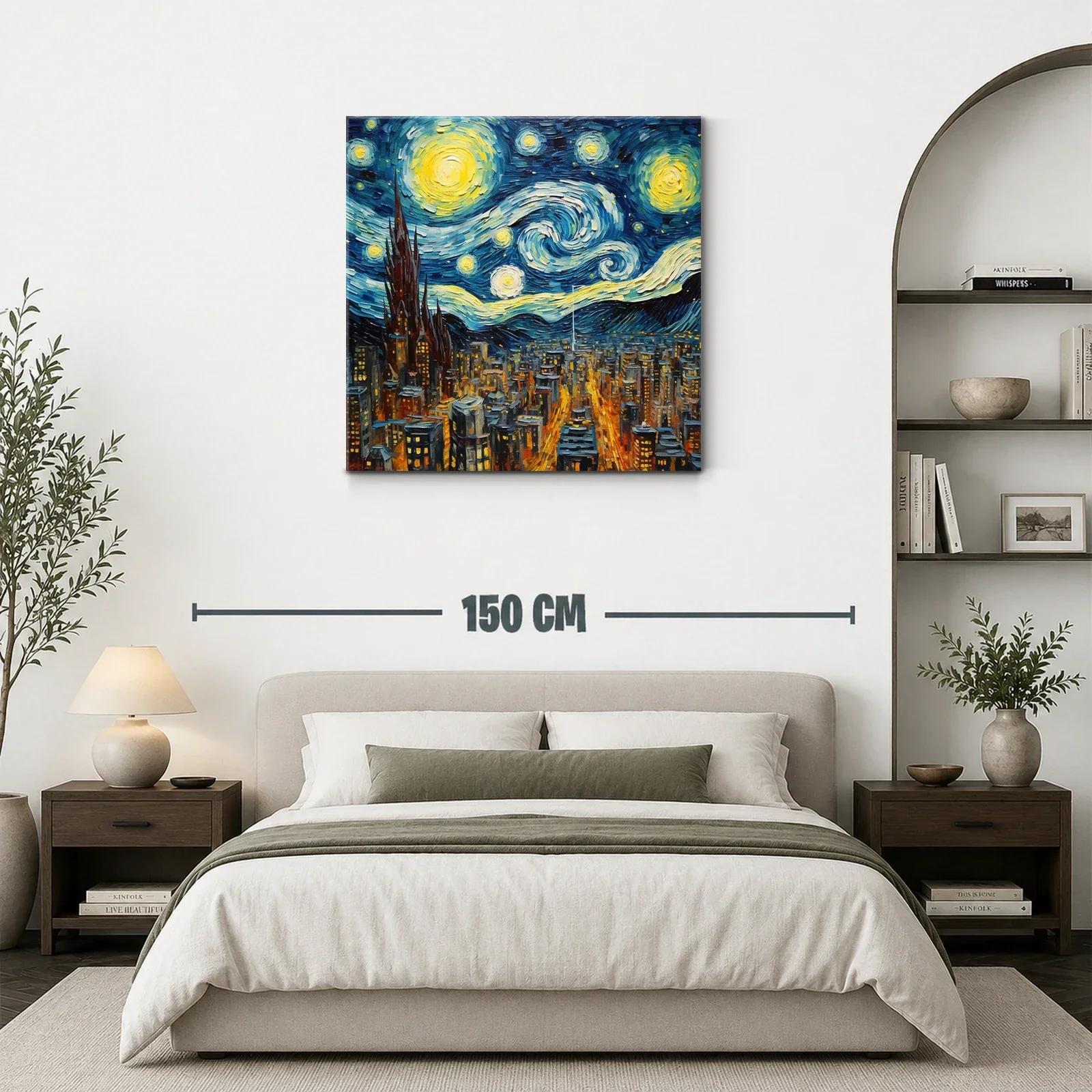 Noche estrellada sobre ciudad iluminada y cielo turbulento — miniatura 3